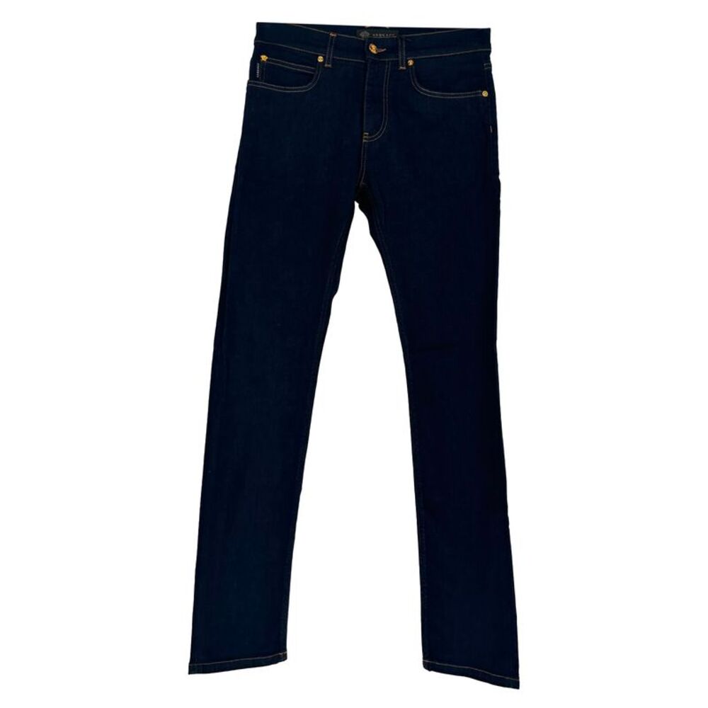 Versace Patched Taylor-Fit Jeans in Navy Blue Cotton